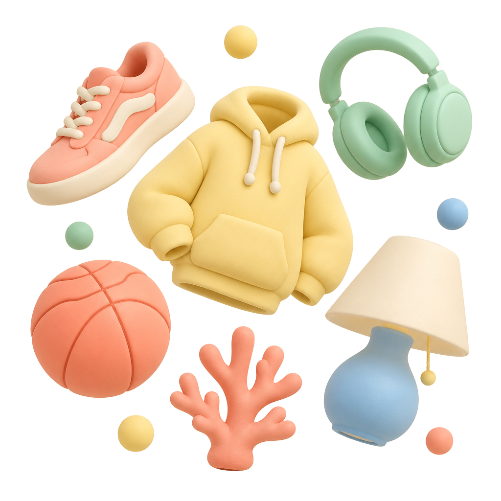 Tenis, hoodie, audífonos, balón y lámpara de Tiibuu en plastilina